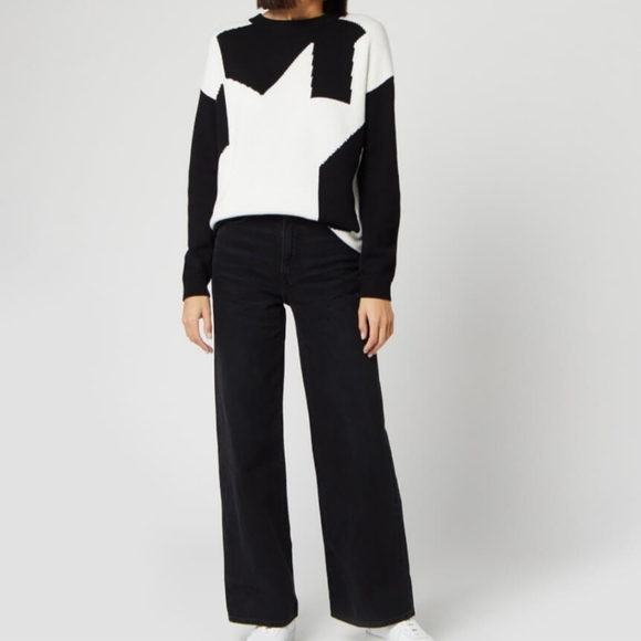 Hugo Boss Womens S Siginy Jumper Colorblock Knit Oversized Sweater Black/White - Picture 12 of 12